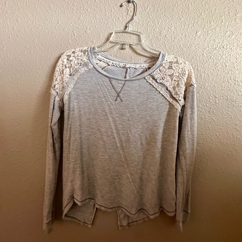 Jolt Gray Asymmetrical Lace Sweatshirt